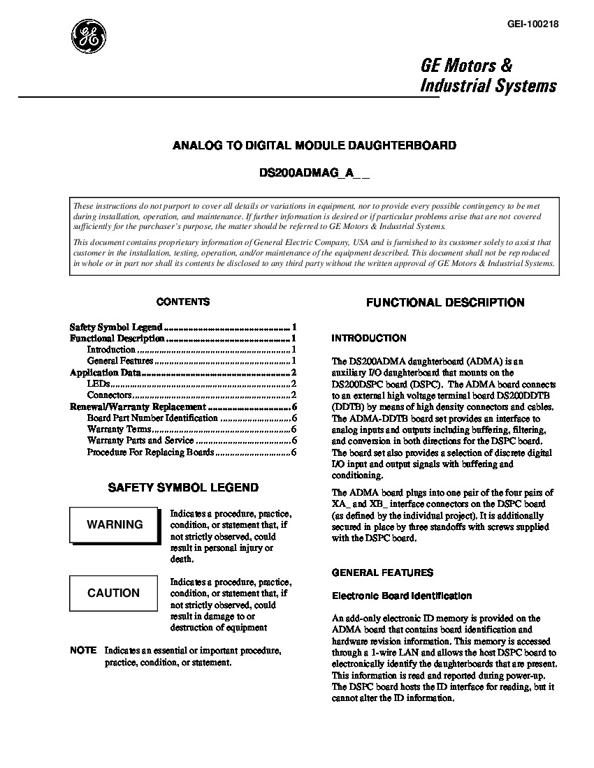 First Page Image of DS200ADMAH1AGEI-100218 Analog-to-Digital Module Daughterboard.pdf